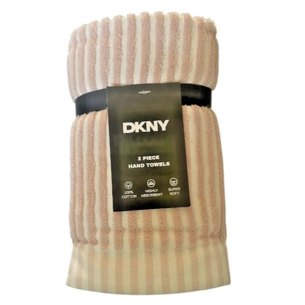 DKNY Hand Towels Blush Pink White Stripe Set of 2 OEKO-TEX Cotton Country 16x28